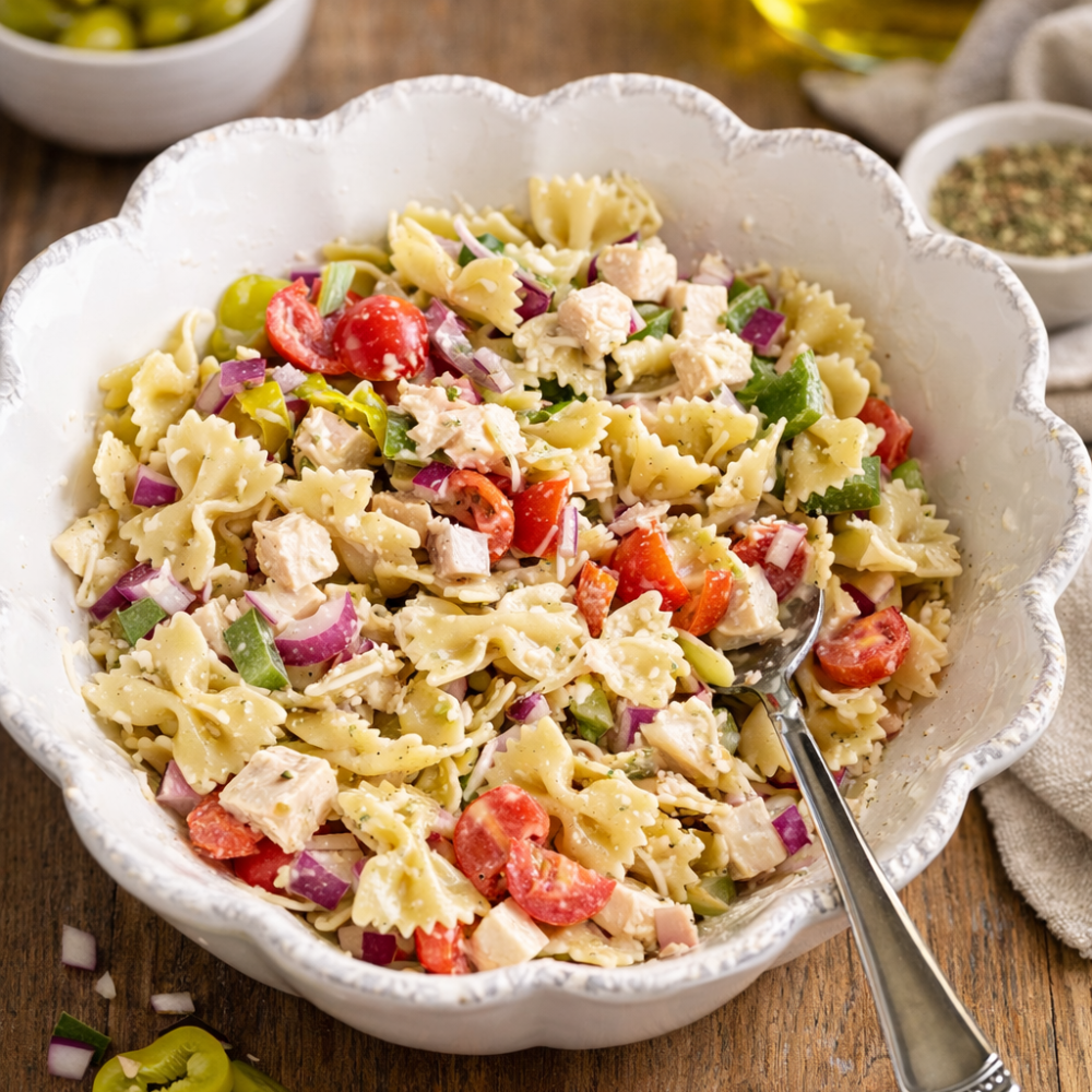 pasta salad roundup featuring a variety of fresh summer pasta salads including a grinder sub pasta salad