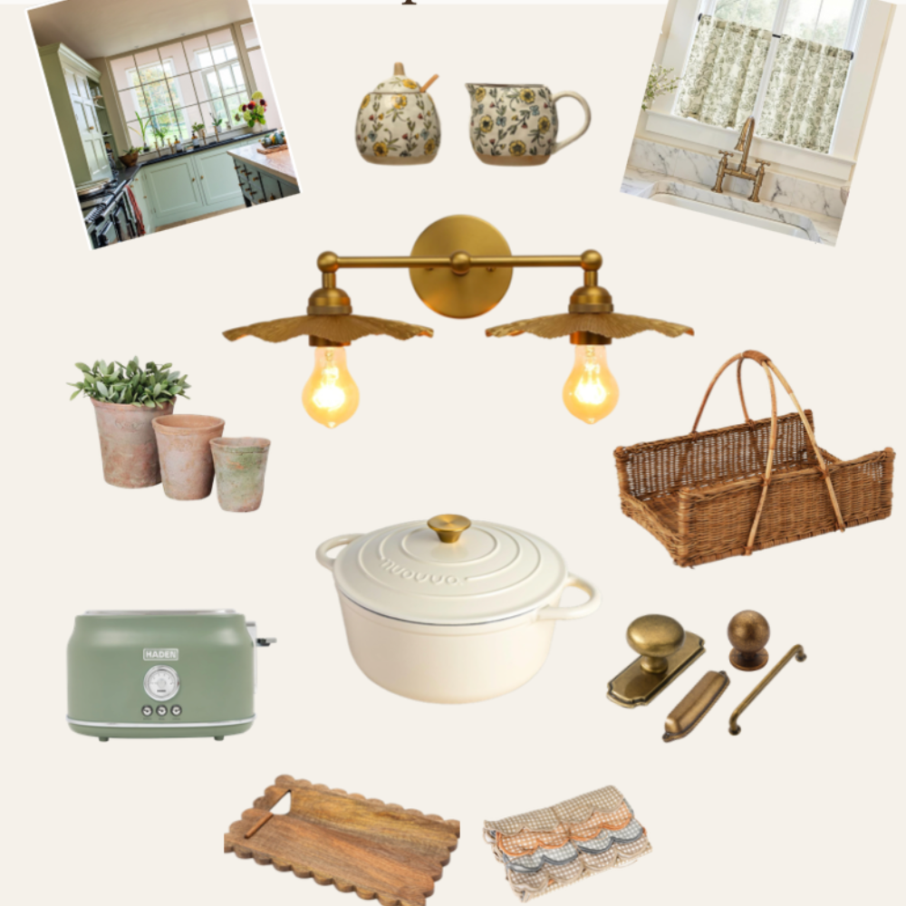 cottagecore kitchen decor with vintage-inspired pieces and cozy Nancy Meyers style accents