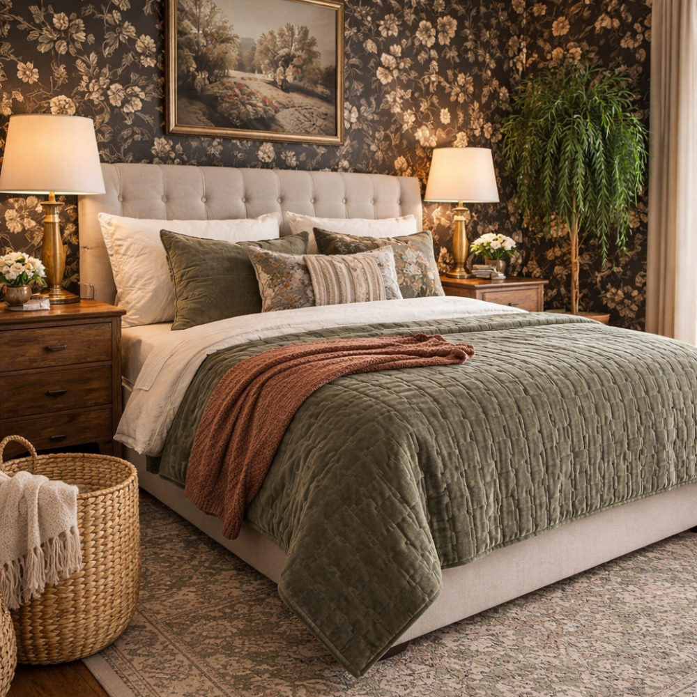 Moody English cottage bedroom with dark floral wallpaper, upholstered bed, layered green and rust bedding, warm wood nightstands, soft lighting, and a vintage-style rug creating a cozy, collected feel