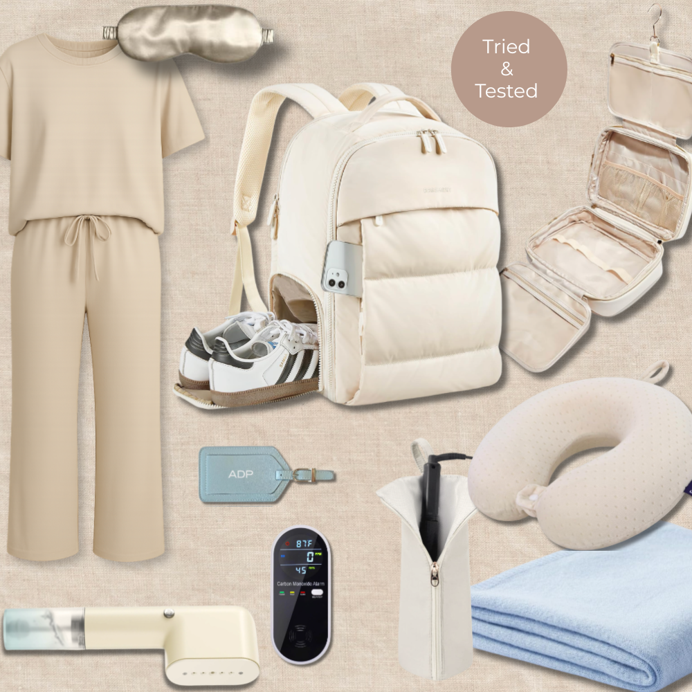 Travel essentials packing list featuring carry-on must-haves, packing cubes, travel backpack, toiletry bag, and accessories from a travel editor