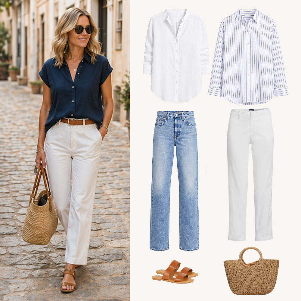 French girl summer capsule wardrobe outfits with neutral pieces including striped top, white trousers, denim, linen blazer, floral dress, and raffia bag