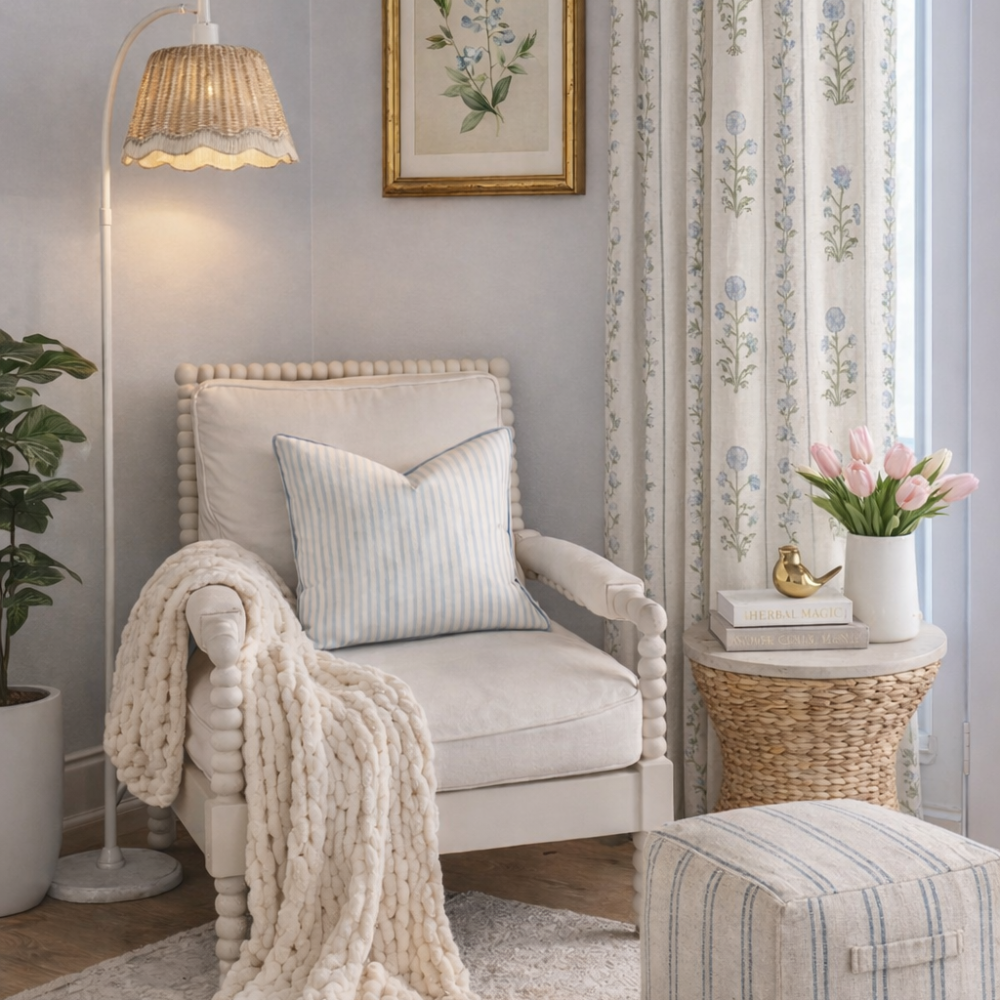 Coastal chic reading nook with white armchair, blue striped pillow, rattan side table with pink tulips, woven lamp, and soft blue botanical curtains