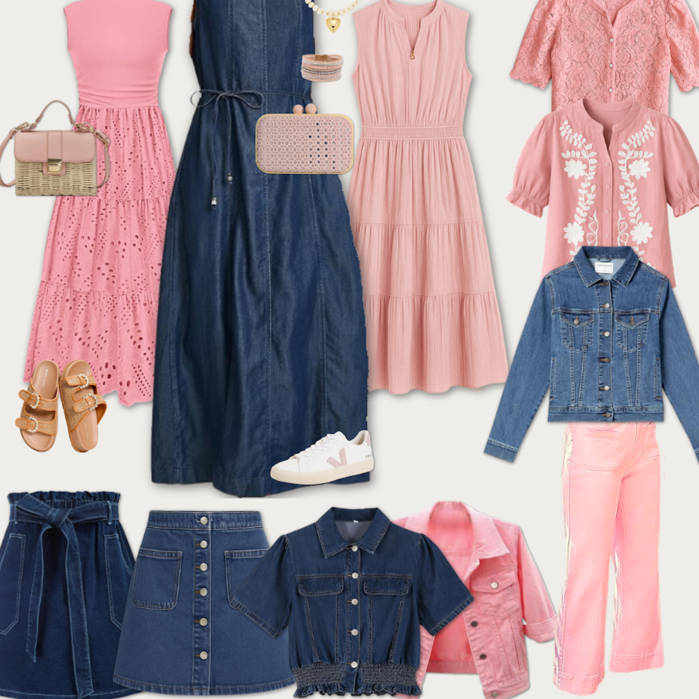 Pink and denim outfit ideas featuring affordable Amazon finds including pink dresses, denim jackets, skirts, and casual spring outfits styled together