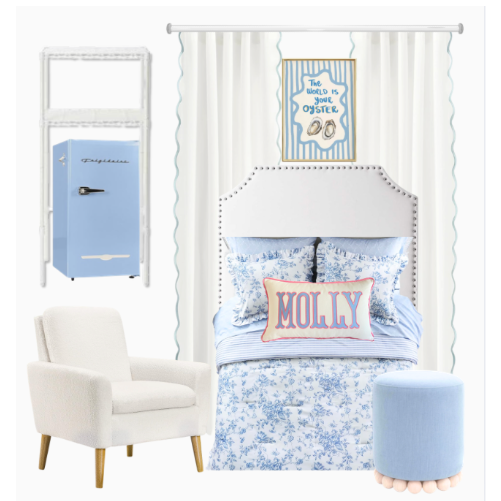 Cozy, stylish girls dorm room with upholstered headboard, blue bedding, white curtains, accent chair, and organized bedside storage