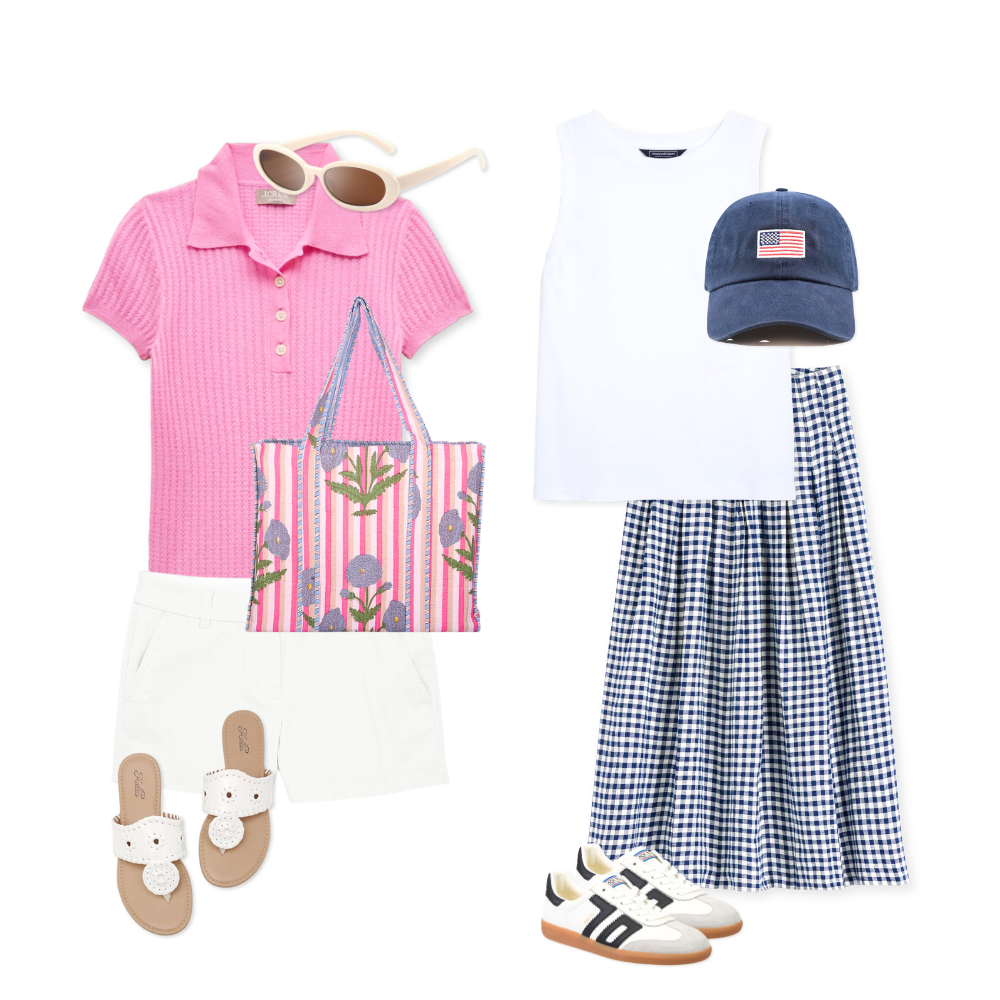 Flat lay collage featuring an old money summer capsule wardrobe with classic coastal outfits including white shorts, pink knit polos, white denim, colorful block-print tote bags, gingham skirts, and neutral sandals.