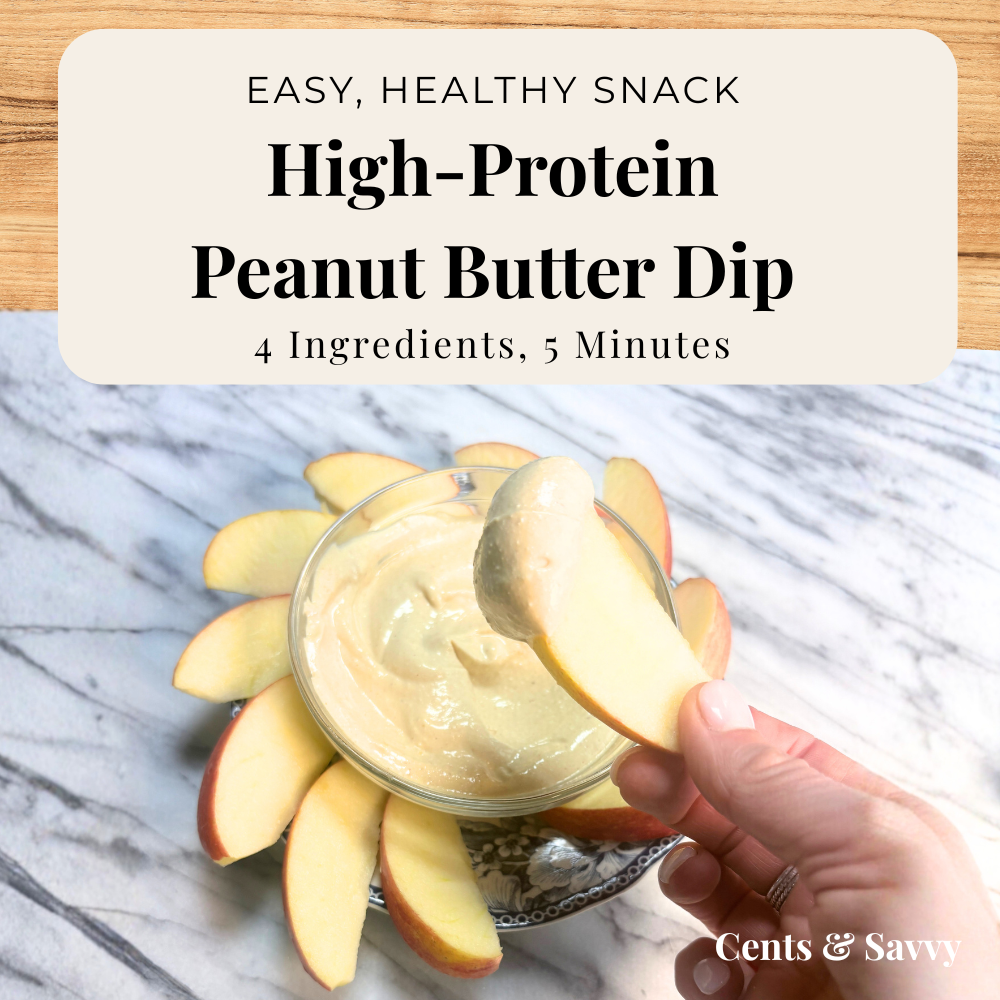 Apple slice dipped into creamy high-protein peanut butter fruit dip made with cottage cheese, peanut butter and orange juice concentrate