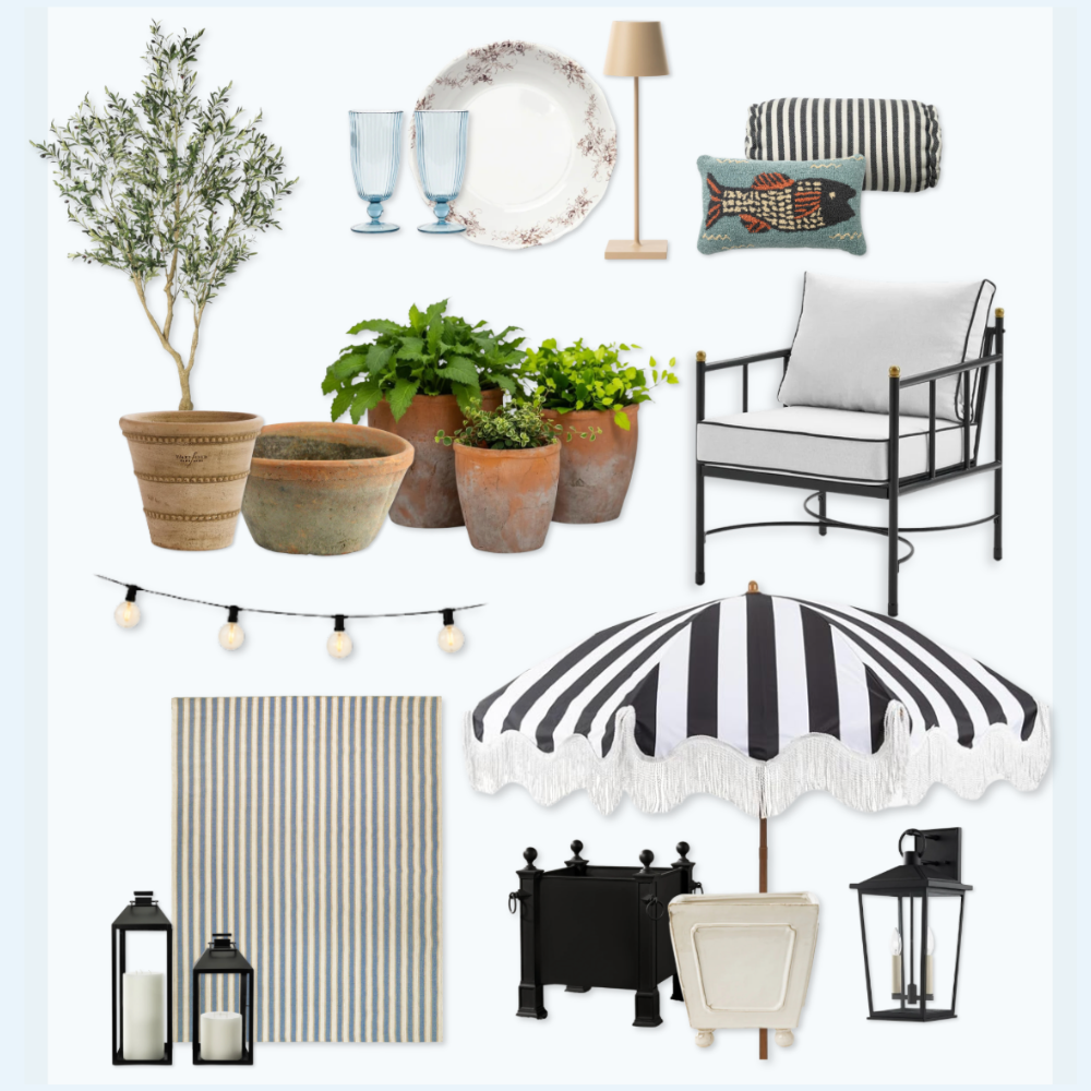 French-inspired patio decor collage featuring striped umbrella, olive tree, terracotta planters, black lanterns, outdoor chair, striped pillows, blue-and-white rug, café-style tabletop accents, and elegant outdoor lighting for a Provence-style backyard.