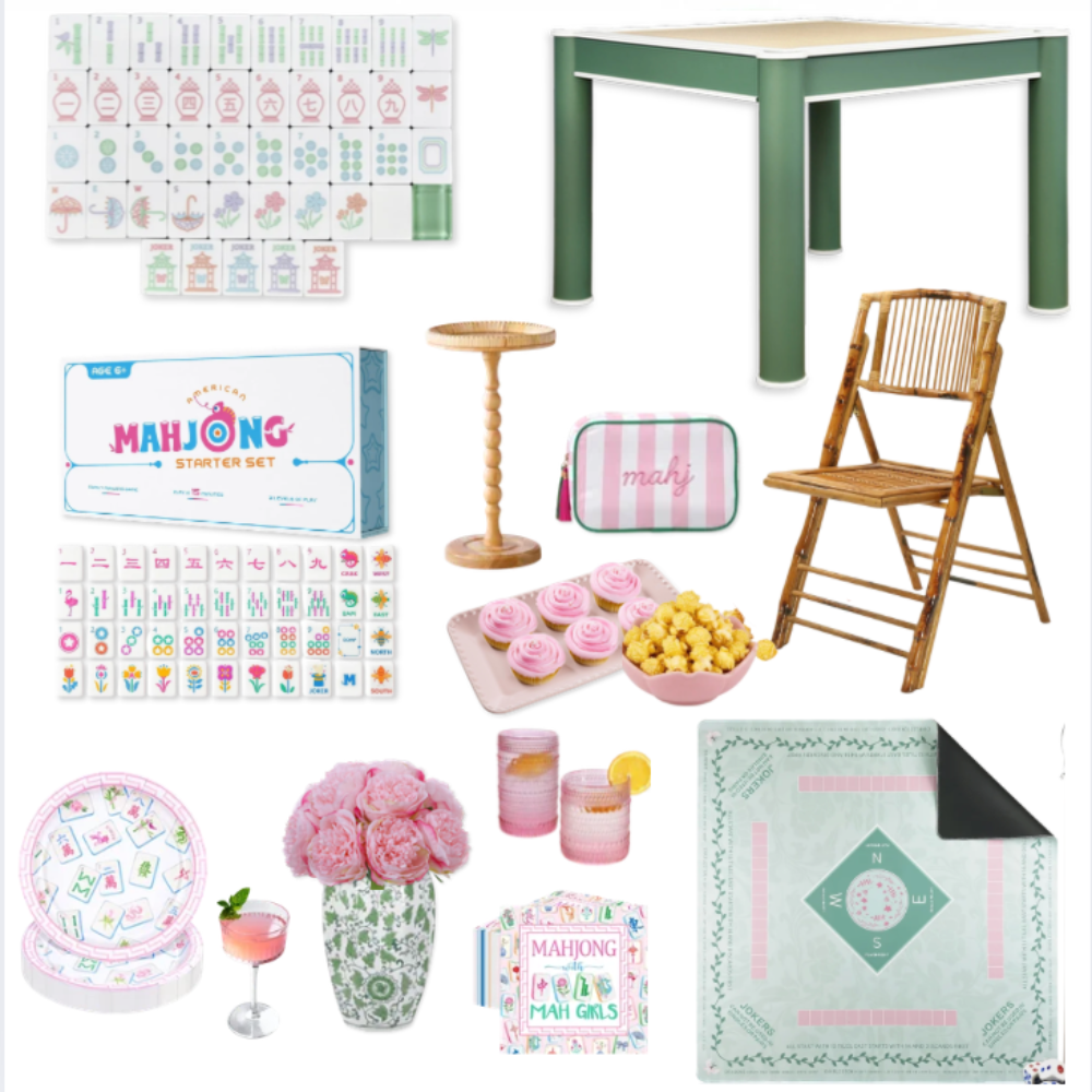 Stylish Mahjong party essentials including a green game table, bamboo folding chair, Mahjong mat, beginner Mahjong sets, scorekeeper, cocktail glasses, flowers, snacks, and decorative accessories.