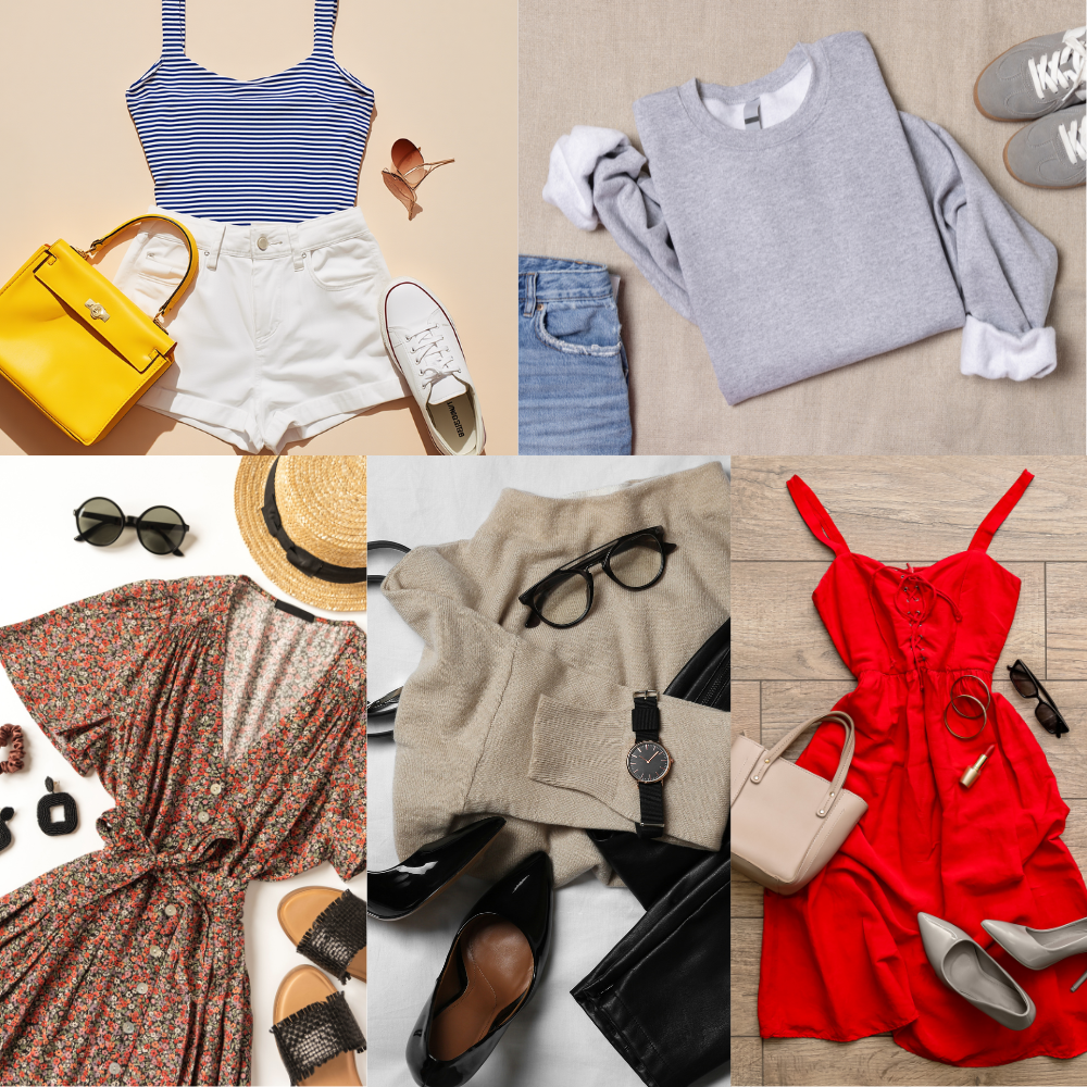 Collage of stylish women's outfits representing glamorous, French chic, preppy, creative, and sporty fashion personalities.