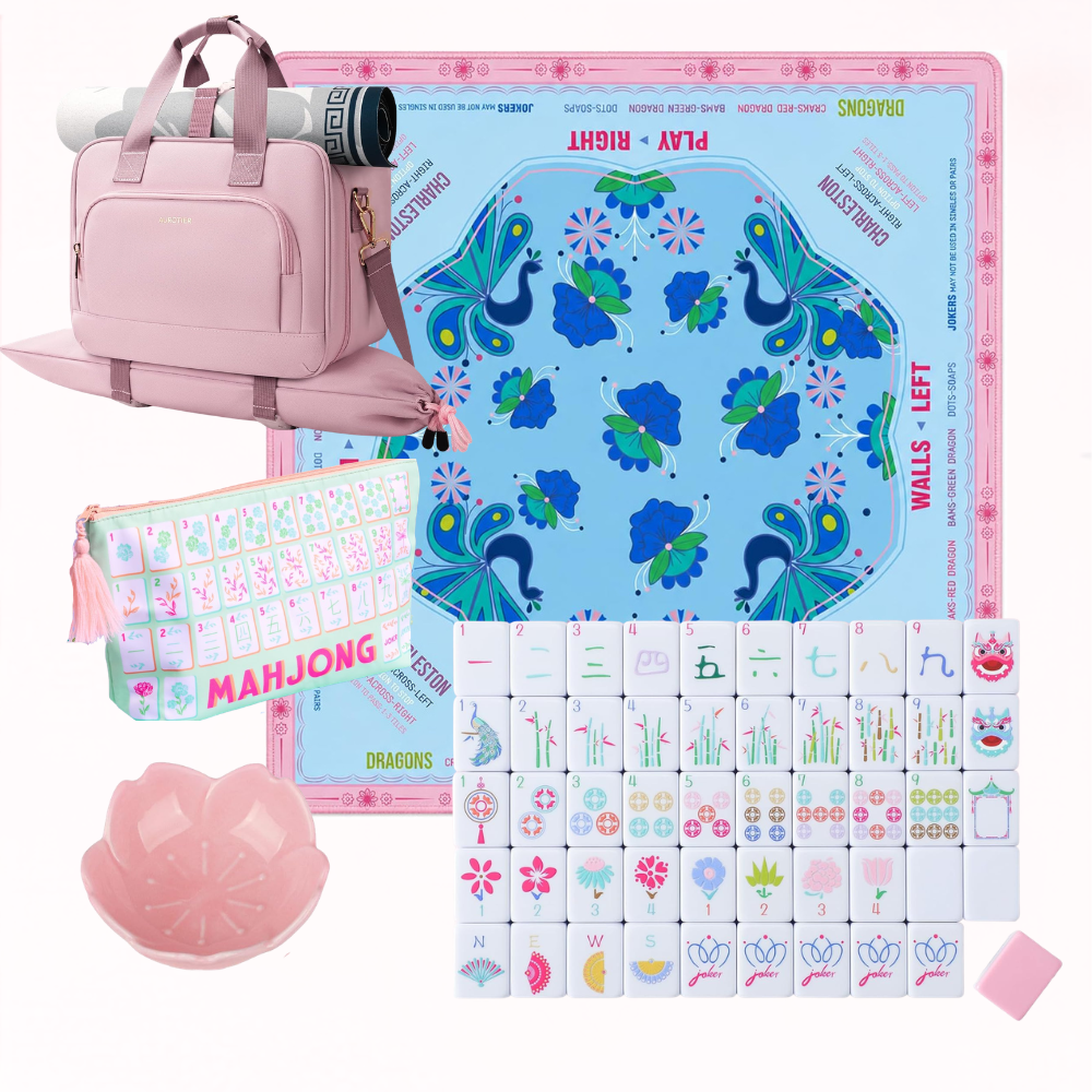 Pink and blue Amazon mahjong setup with colorful mahjong tiles, floral game mat, racks and pink carrying bag.